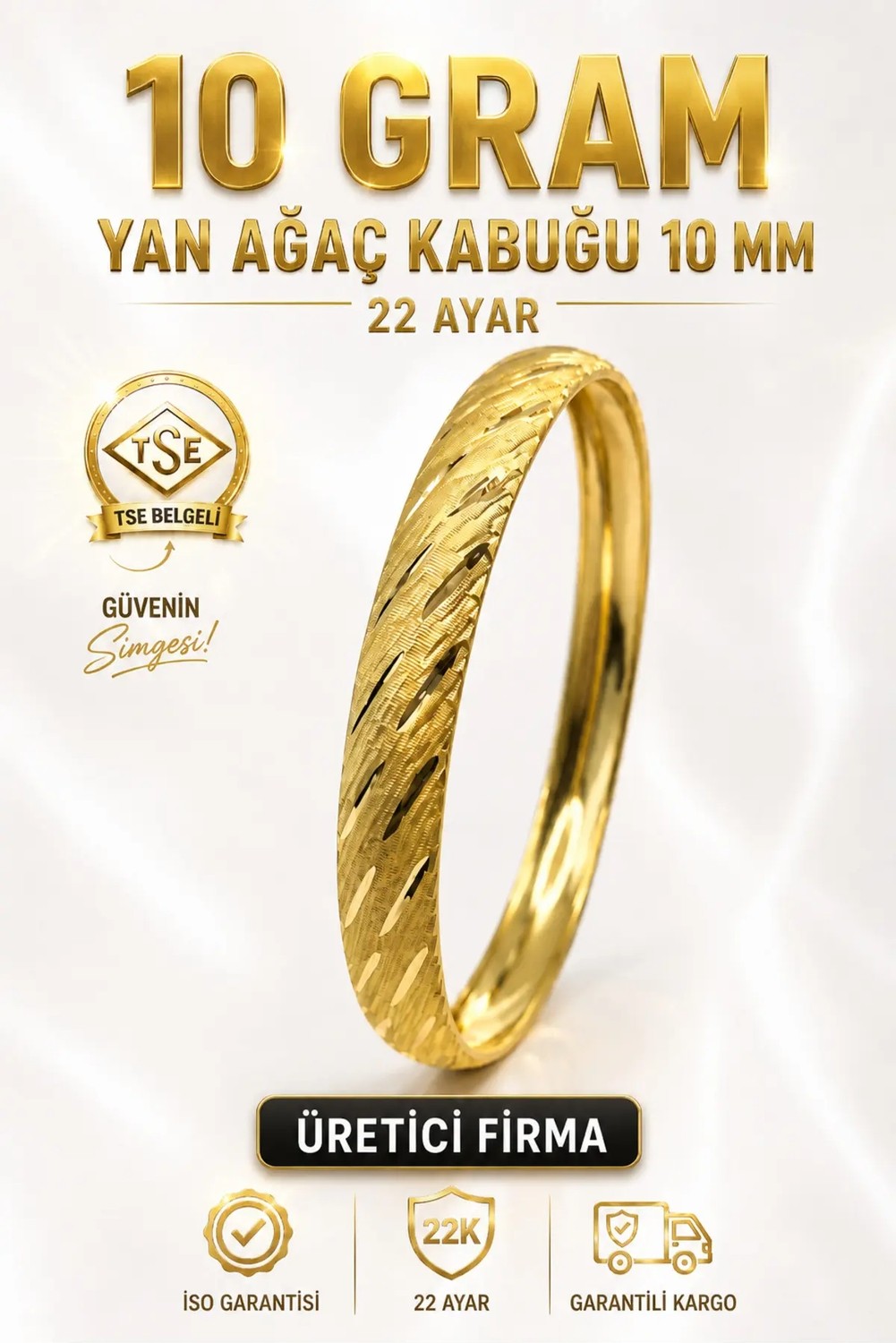 Aks Gold 22 Ayar Tse Belgeli (10 Gram) Yan Desen Işıltılı Şarnel Altın Bilezik 10 mm Gold Bilezik Düğün Nişan