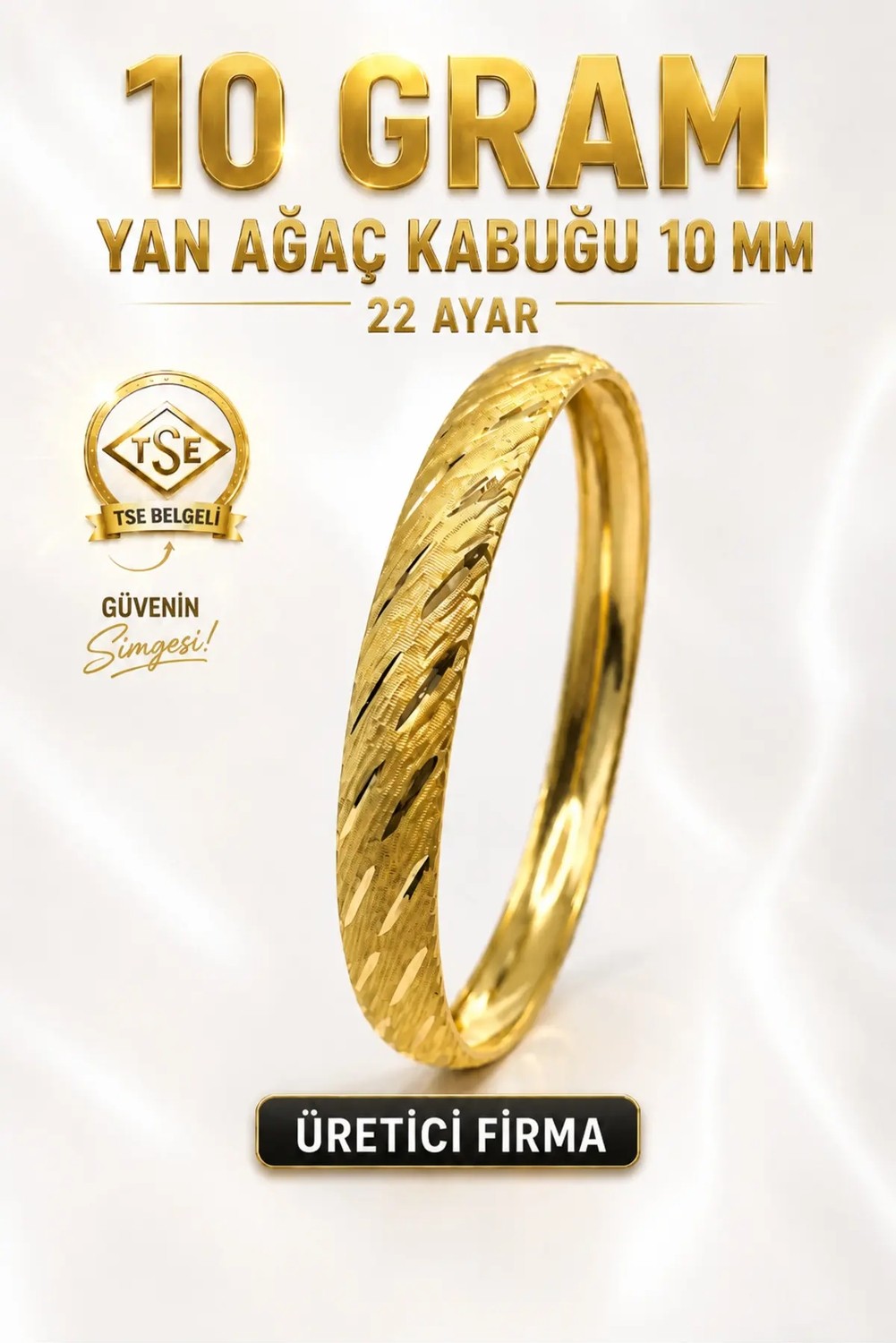 Aks Gold 22 Ayar Tse Belgeli (10 Gram) Yan Ağaç Kabuğu Ajda Bilezik 10 mm Gold Altın Bilezik Düğün Nişan