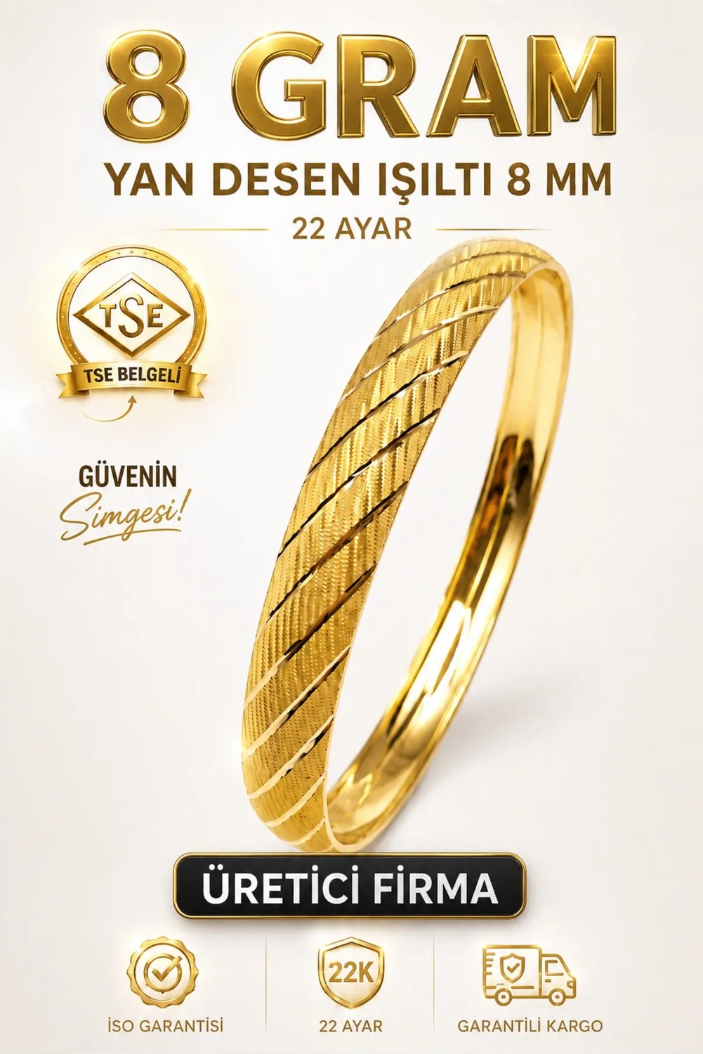 Aks Gold 22 Ayar Tse Belgeli (8 Gram) Yan Desen Işıltılı Şarnel Altın Bilezik 8 mm Gold Bilezik Düğün Nişan