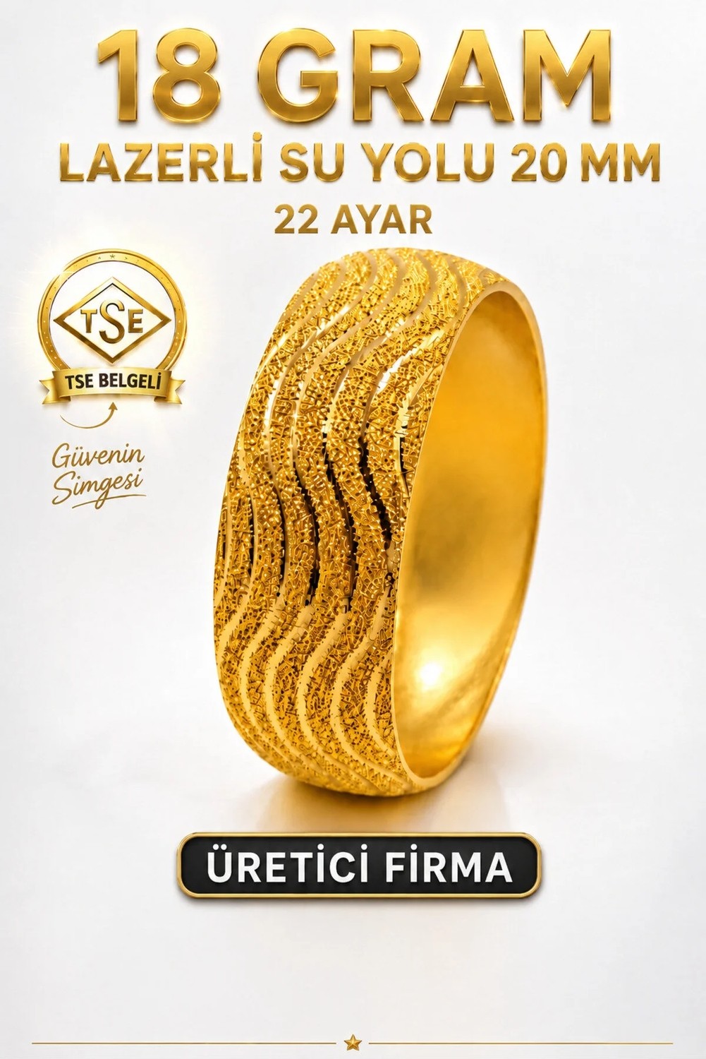 Aks Gold 22 Ayar Tse Belgeli (18 Gram) Lazerli Su Yolu Mega Altın Bilezik 20 mm Ajda Gold Düğün Nişan