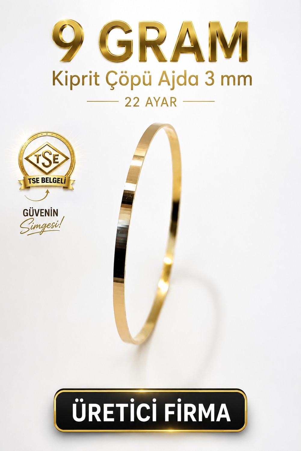 Aks Gold 22 Ayar Tse Belgeli (9 Gram) Kibrit Çöpü Ajda Bilezik Gold Düğün