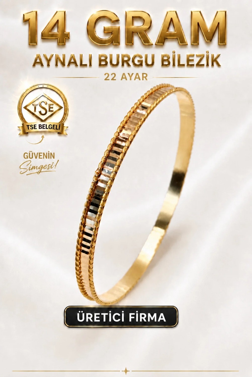 Aks Gold 22 Ayar Tse Belgeli (14 Gram) Aynalı Burgu Ajda Bilezik Gold Altın Bilezik Düğün Nişan