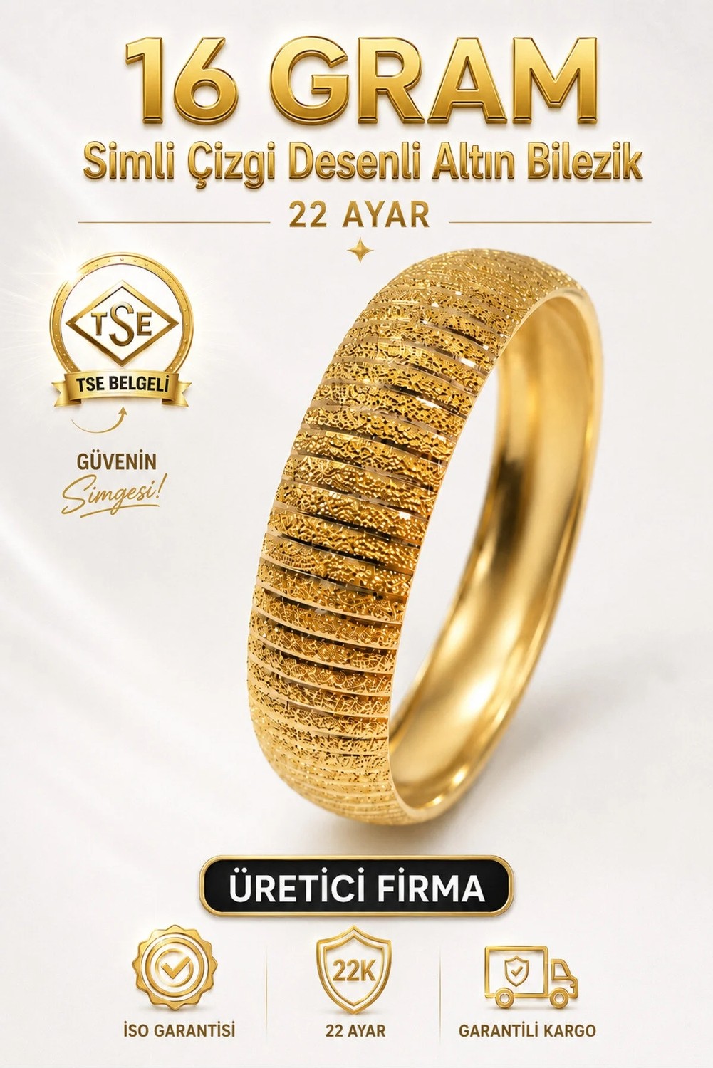 Aks Gold 22 Ayar Tse Belgeli (16 Gram) Simli Çizgi Desenli Altın Bilezik 15 mm Gold Bilezik Düğün Nişan