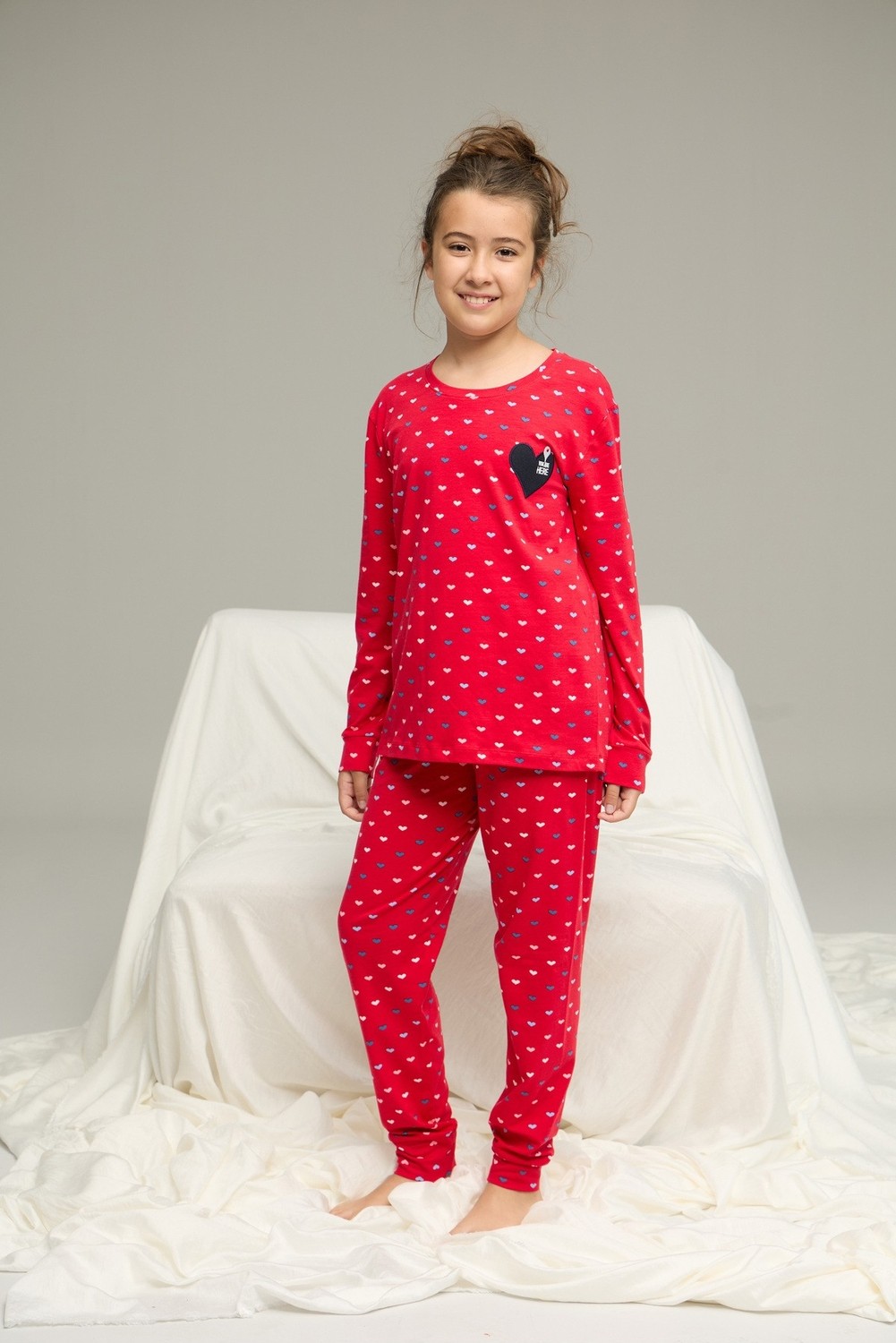 Siyah İnci Kırmızı Kalp Desenli Pamuklu Bisiklet Yaka Örme Pijama TAKIM25241153 görsel 4