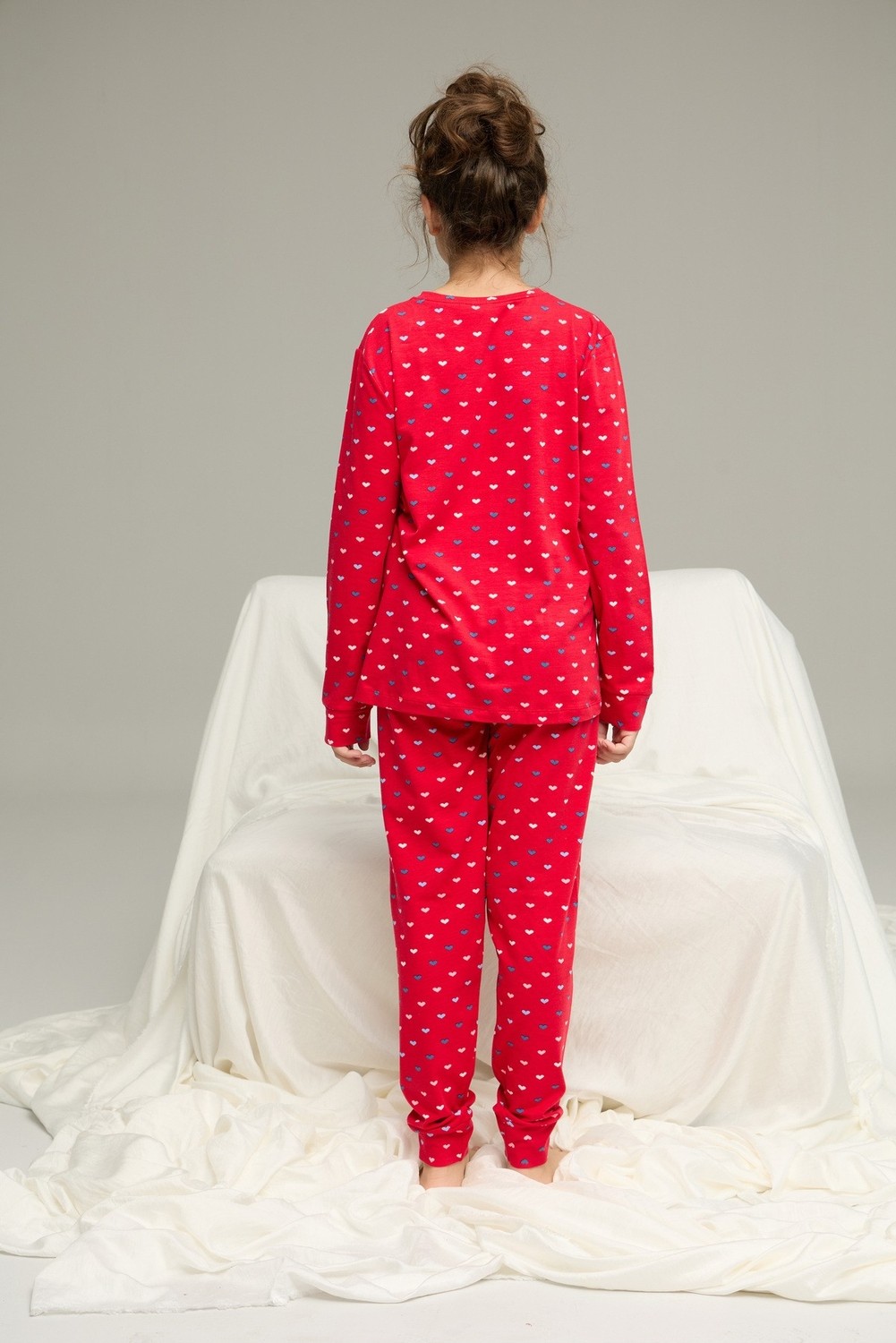 Siyah İnci Kırmızı Kalp Desenli Pamuklu Bisiklet Yaka Örme Pijama TAKIM25241153 görsel 5