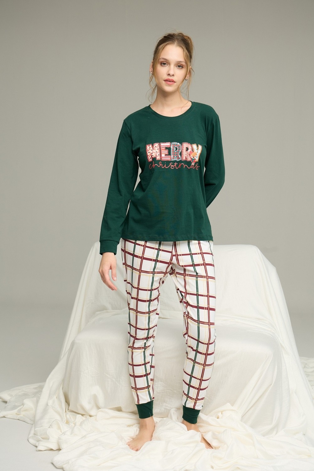 Siyah İnci Yeşil Ekose Desenli Örme Pamuklu Pijama TAKIM25240237 görsel 2