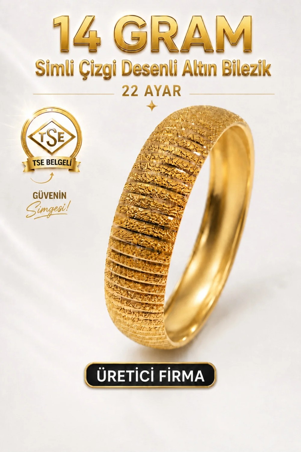 Aks Gold 22 Ayar TSE Belgeli (14 GRAM) Simli Çizgi Desenli Altın Bilezik 15 mm Gold Bilezik Düğün Nişan