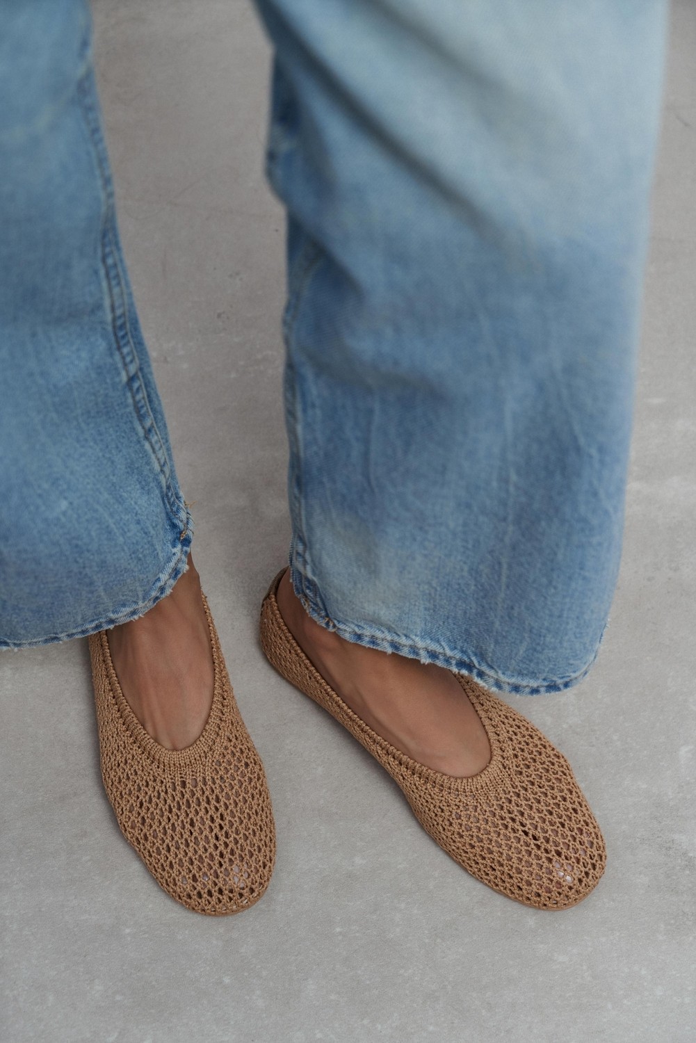 Nişantaşı Shoes Lips Koyu Bej Triko File Işlemeli Düz Taban Kadın Babet Ayakkabı görsel 2