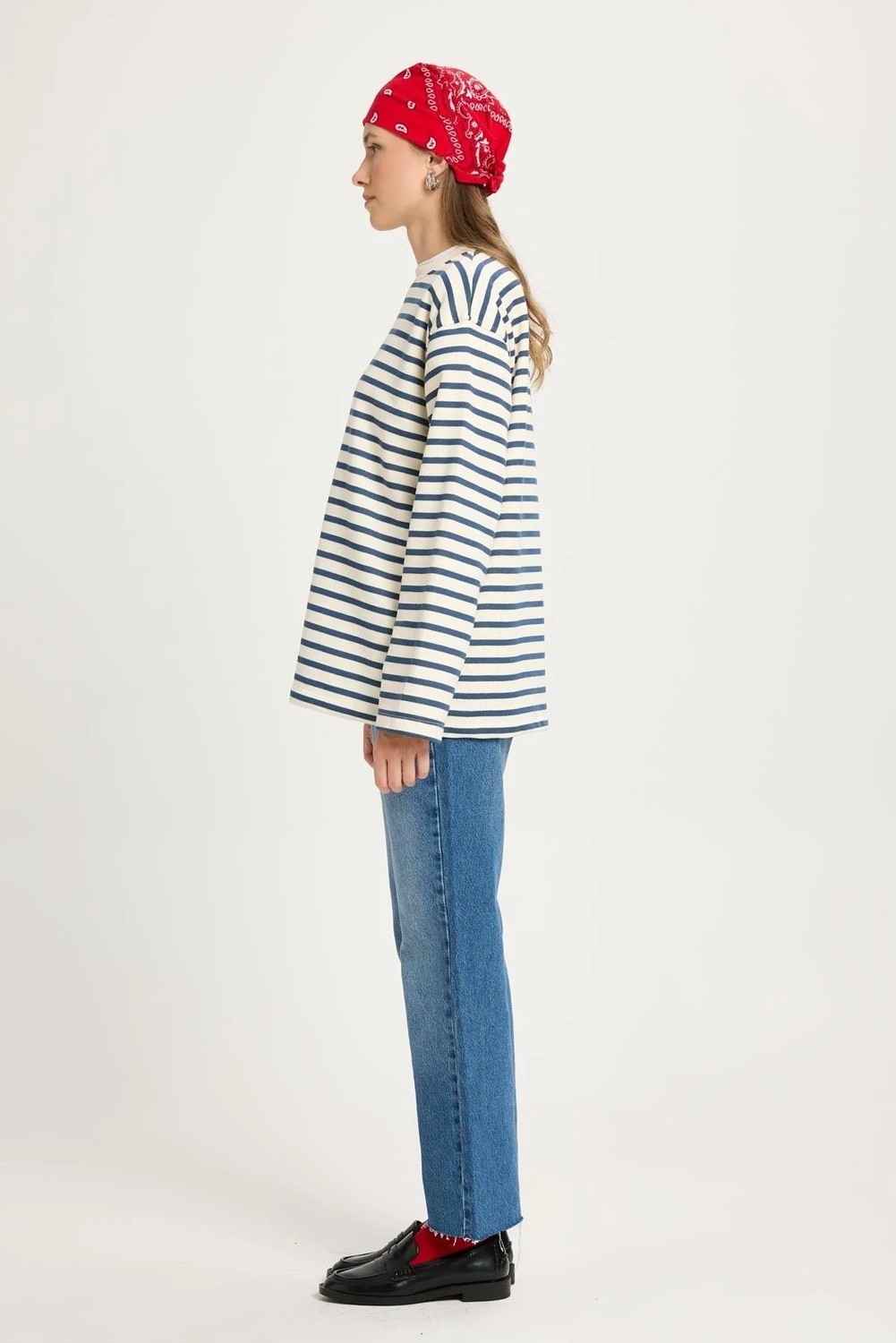 Minaaise Kadın Çizgili Oversize Lacivert Krem Sweatshirt 30010 görsel 3