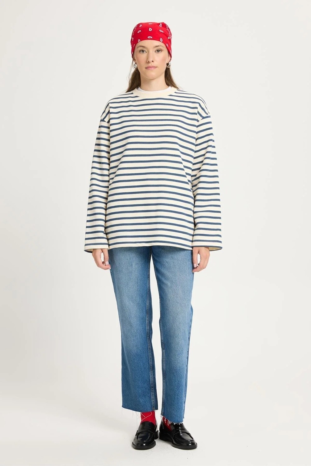 Minaaise Kadın Çizgili Oversize Lacivert Krem Sweatshirt 30010 görsel 5