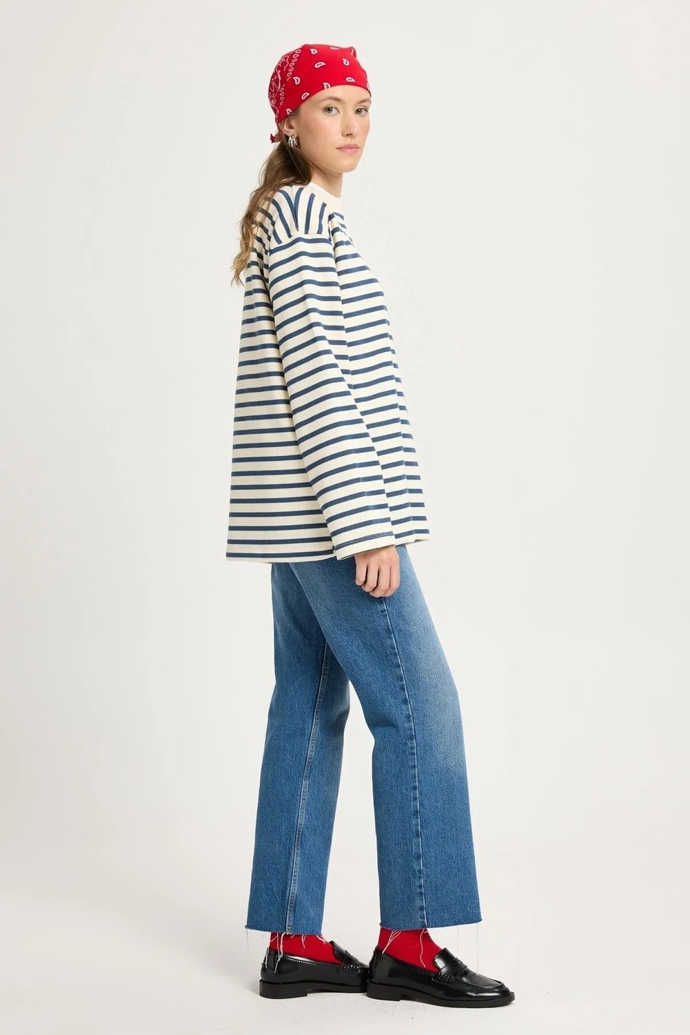 Minaaise Kadın Çizgili Oversize Lacivert Krem Sweatshirt 30010 görsel 7