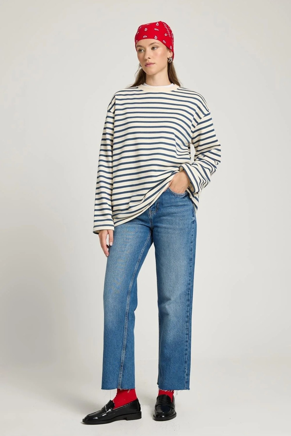 Minaaise Kadın Çizgili Oversize Lacivert Krem Sweatshirt 30010 görsel 8