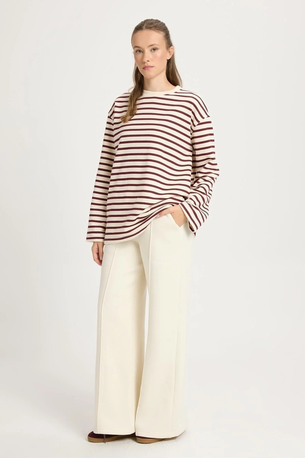 Minaaise Kadın Çizgili Oversize Lacivert Krem Sweatshirt 30010