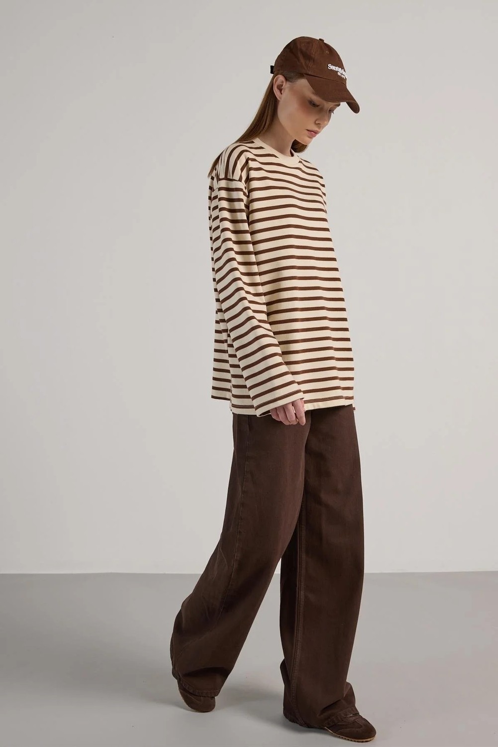 Minaaise Kadın Çizgili Oversize Lacivert Krem Sweatshirt 30010