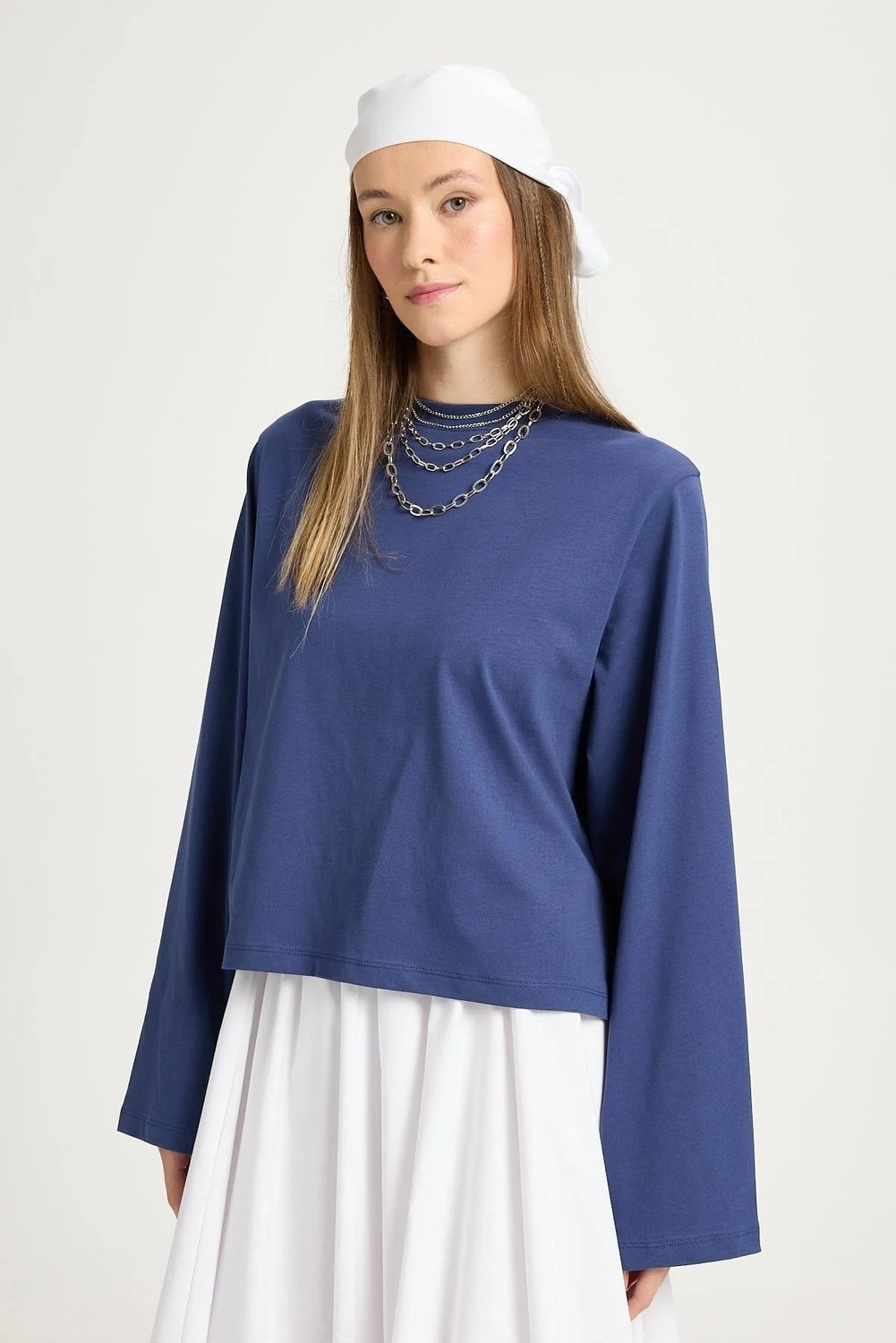 Minaaise Kadın Lacivert Geniş Kol Oversize Kısa Basic T-Shirt 30059