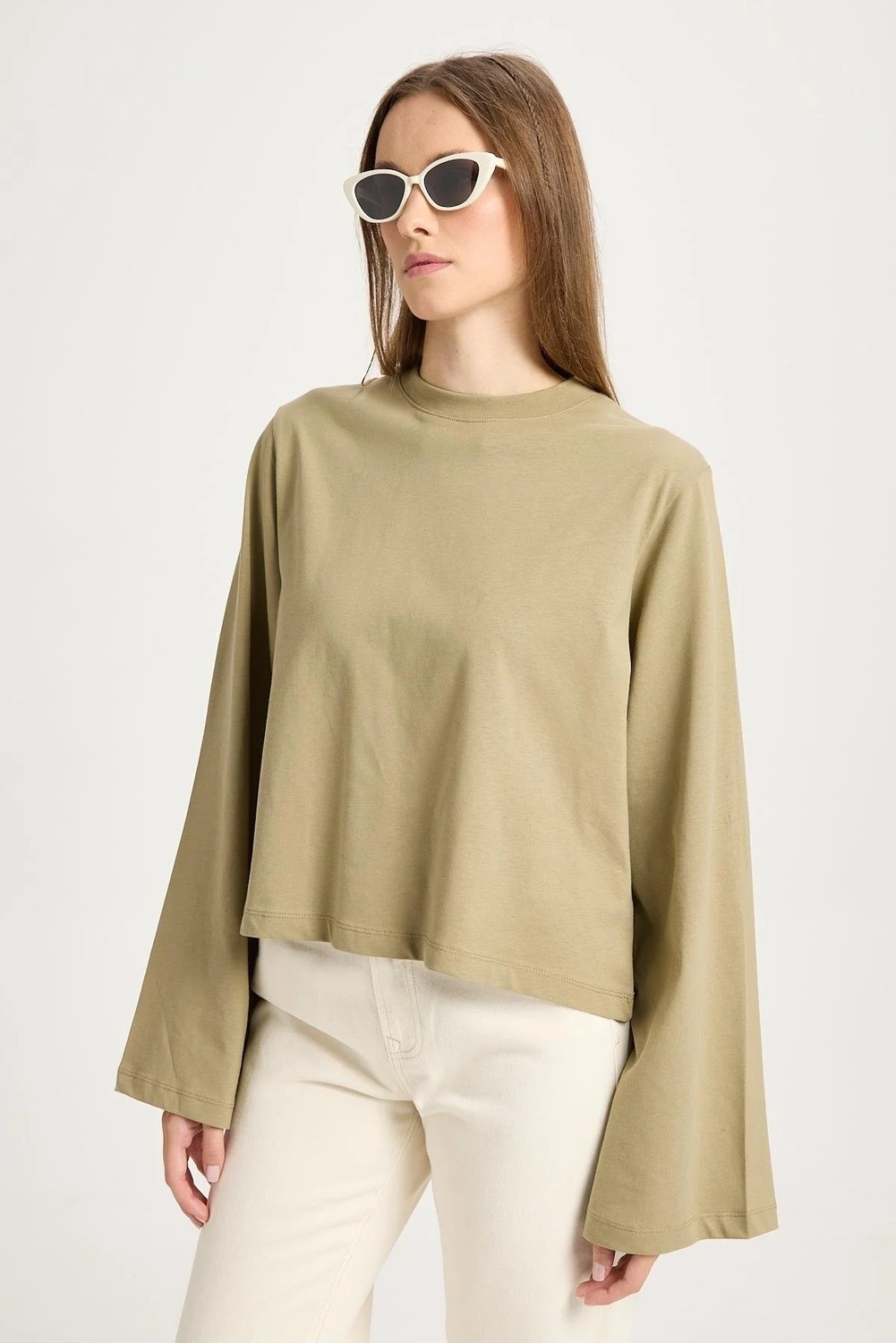Minaaise Kadın Lacivert Geniş Kol Oversize Kısa Basic T-Shirt 30059