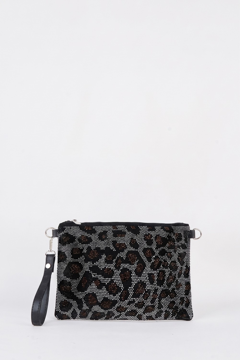 Vivaq Kadın Leopar Gümüş Taşlı Süet Bilek Askılı ve Zincir Askılı Portföy El ve Clutch Çanta