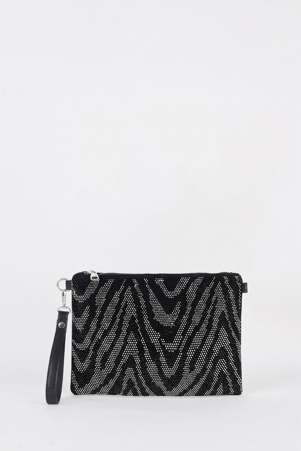 Vivaq Kadın Zikzak Gümüş Taşlı Süet Bilek Askılı ve Zincir Askılı Portföy El ve Clutch Çanta