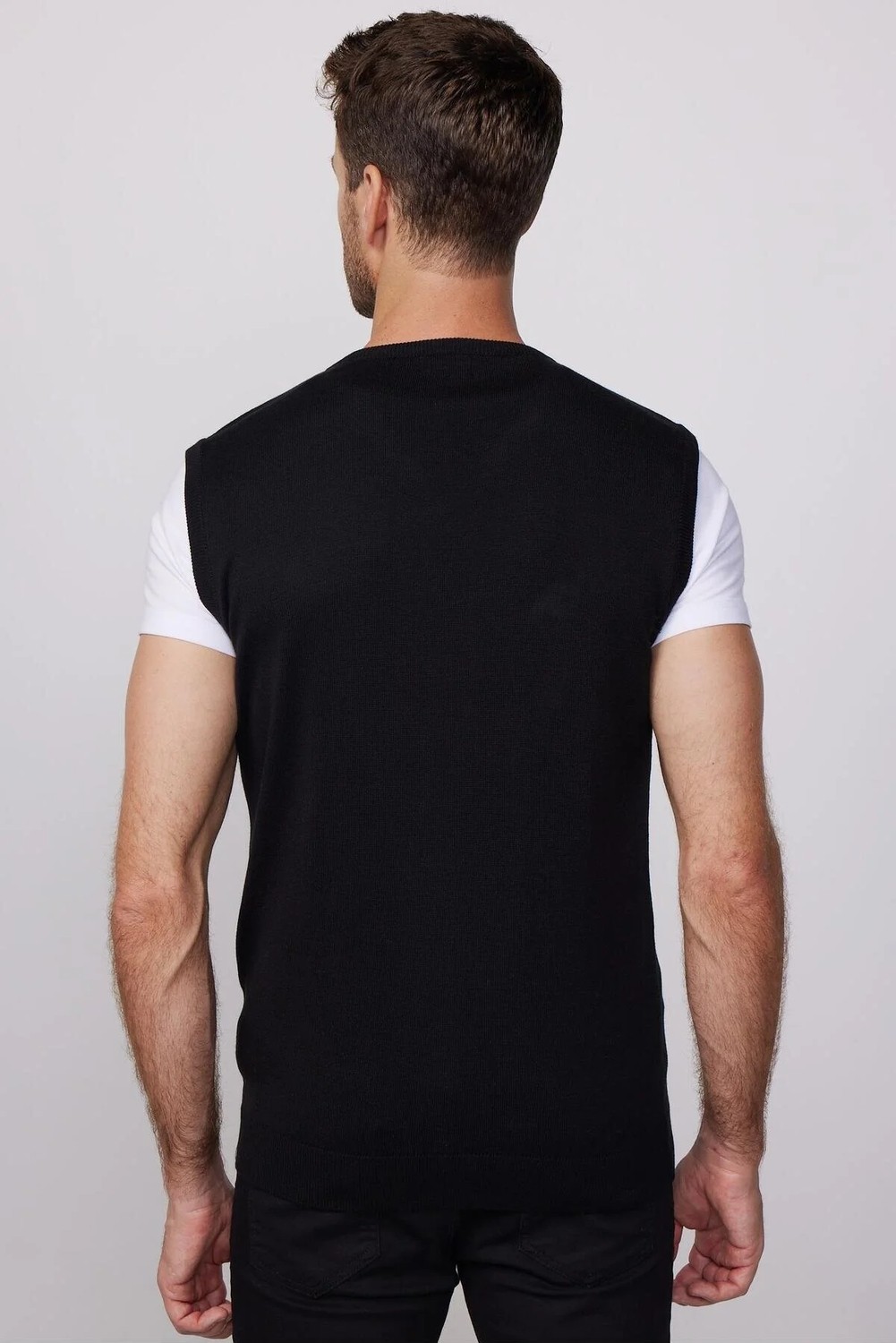 Tudors Slim Fit Dar Kesim V Yaka Kendinden Desenli Siyah Erkek Süveter görsel 5