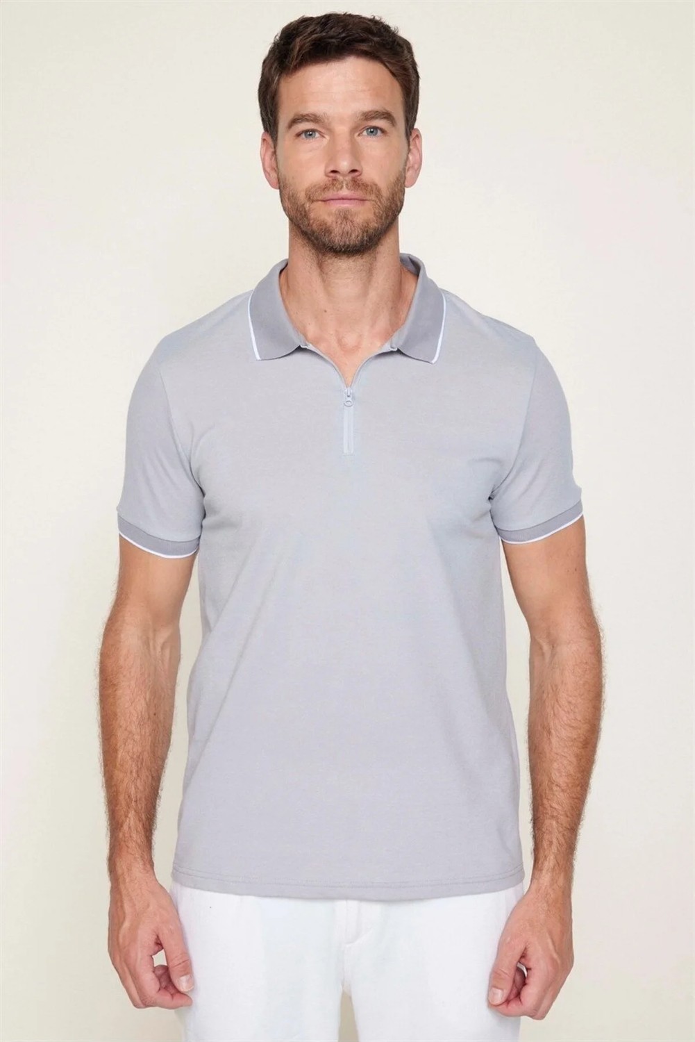 Tudors Erkek Slim Fit Dar Kesim Pamuklu Fermuarlı Gri Polo Yaka Tişört görsel 3