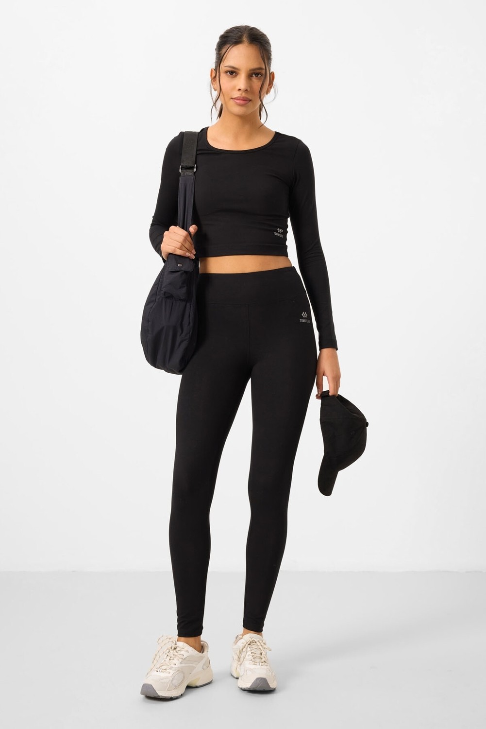 Tommy Life Siyah Yüksek Bel Uzun Kollu Slim Fit Crop Top Kadın Tayt Takım - 95286 görsel 2