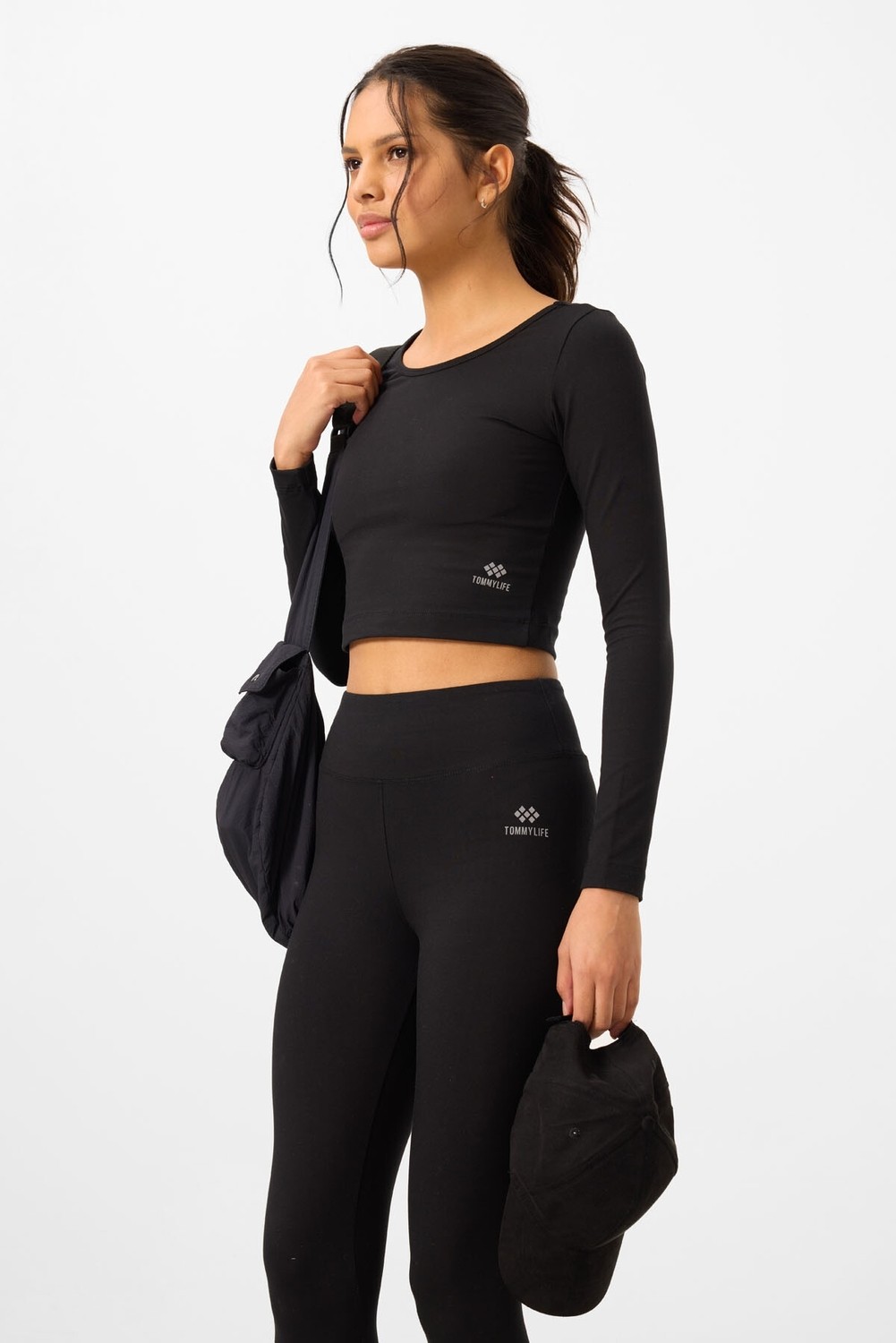 Tommy Life Siyah Yüksek Bel Uzun Kollu Slim Fit Crop Top Kadın Tayt Takım - 95286 görsel 4