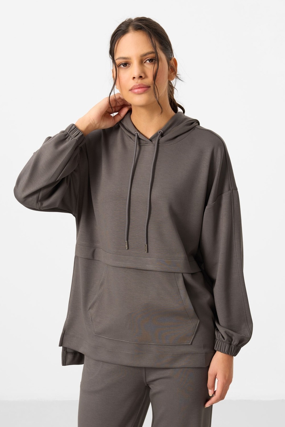 Tommy Life Kahverengi Yumuşak Dokulu Kapüşonlu Oversize Kadın Eşofman Tunik Takım - 95348 görsel 6