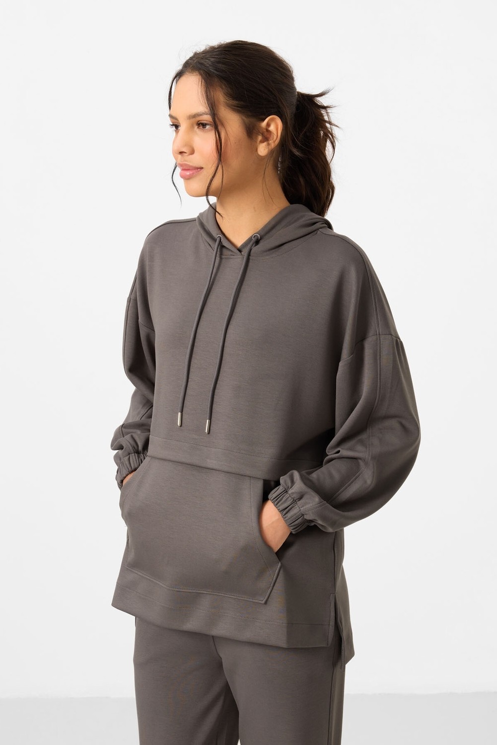 Tommy Life Kahverengi Yumuşak Dokulu Kapüşonlu Oversize Kadın Eşofman Tunik Takım - 95348 görsel 8