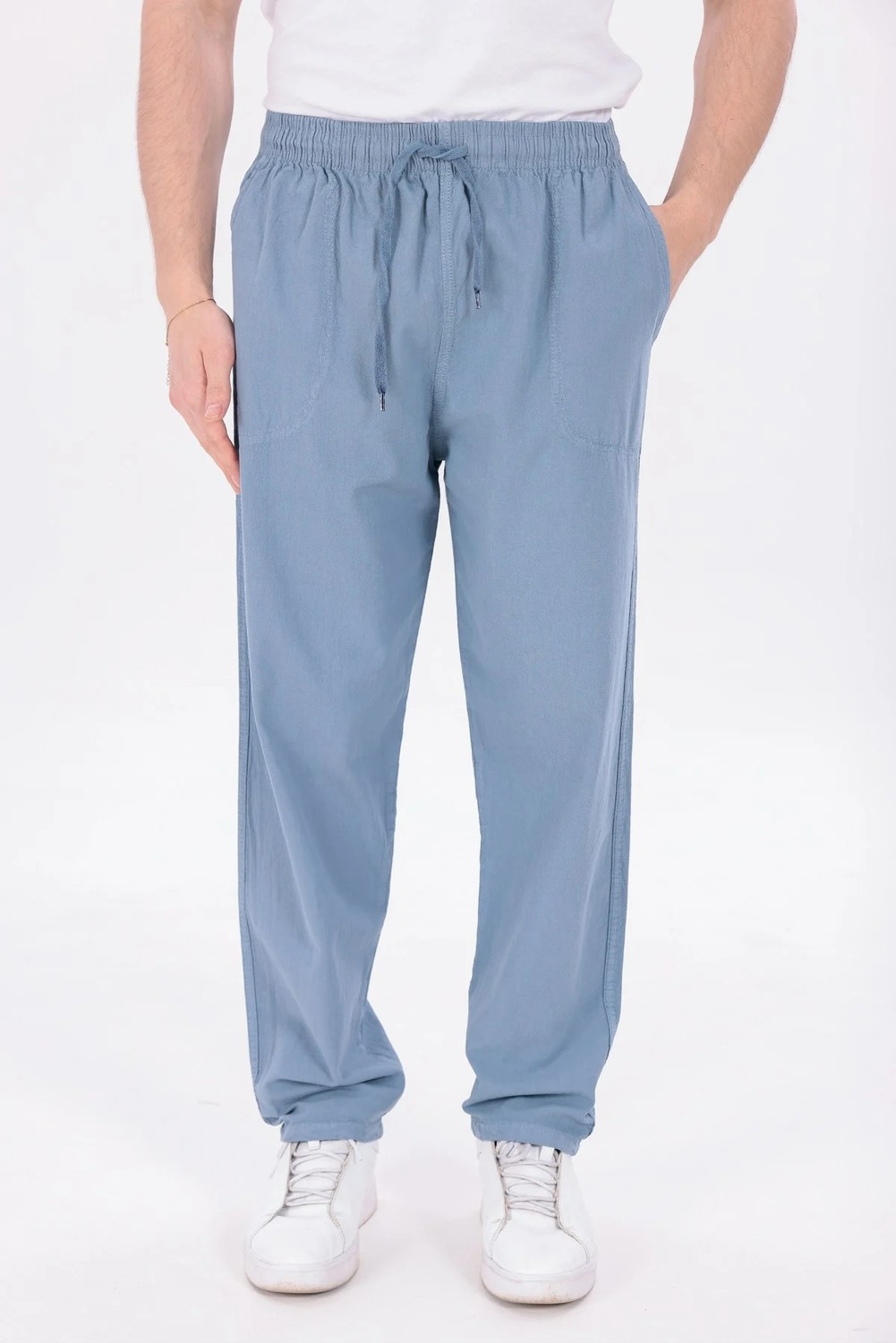 Blayn Jeans Erkek Buz Mavi Jogger Pantolon Beli Lastikli Bağcıklı %100 Pamuk Keten Baggy Rahat Günlük Pantolon