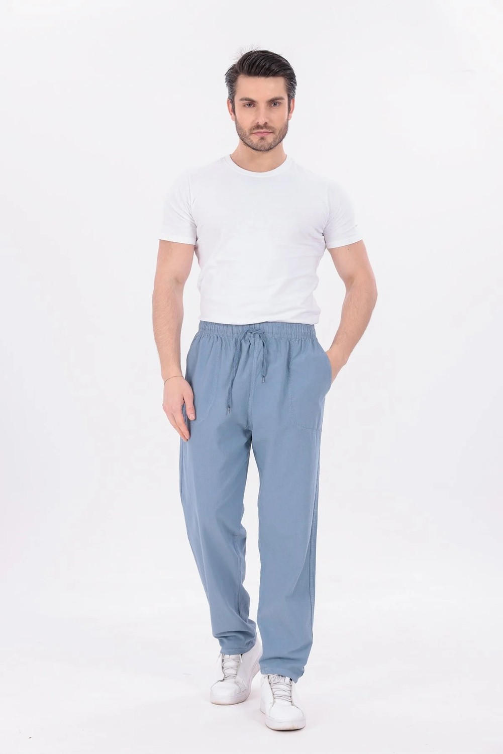 Blayn Jeans Erkek Buz Mavi Jogger Pantolon Beli Lastikli Bağcıklı %100 Pamuk Keten Baggy Rahat Günlük Pantolon görsel 2