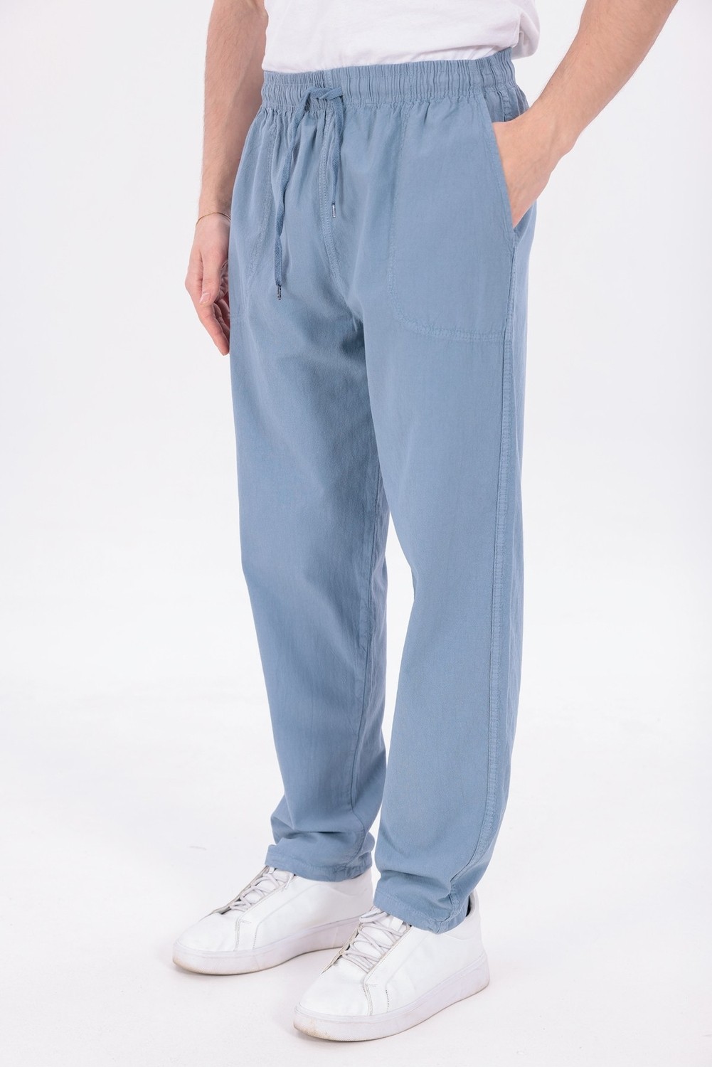 Blayn Jeans Erkek Buz Mavi Jogger Pantolon Beli Lastikli Bağcıklı %100 Pamuk Keten Baggy Rahat Günlük Pantolon görsel 3
