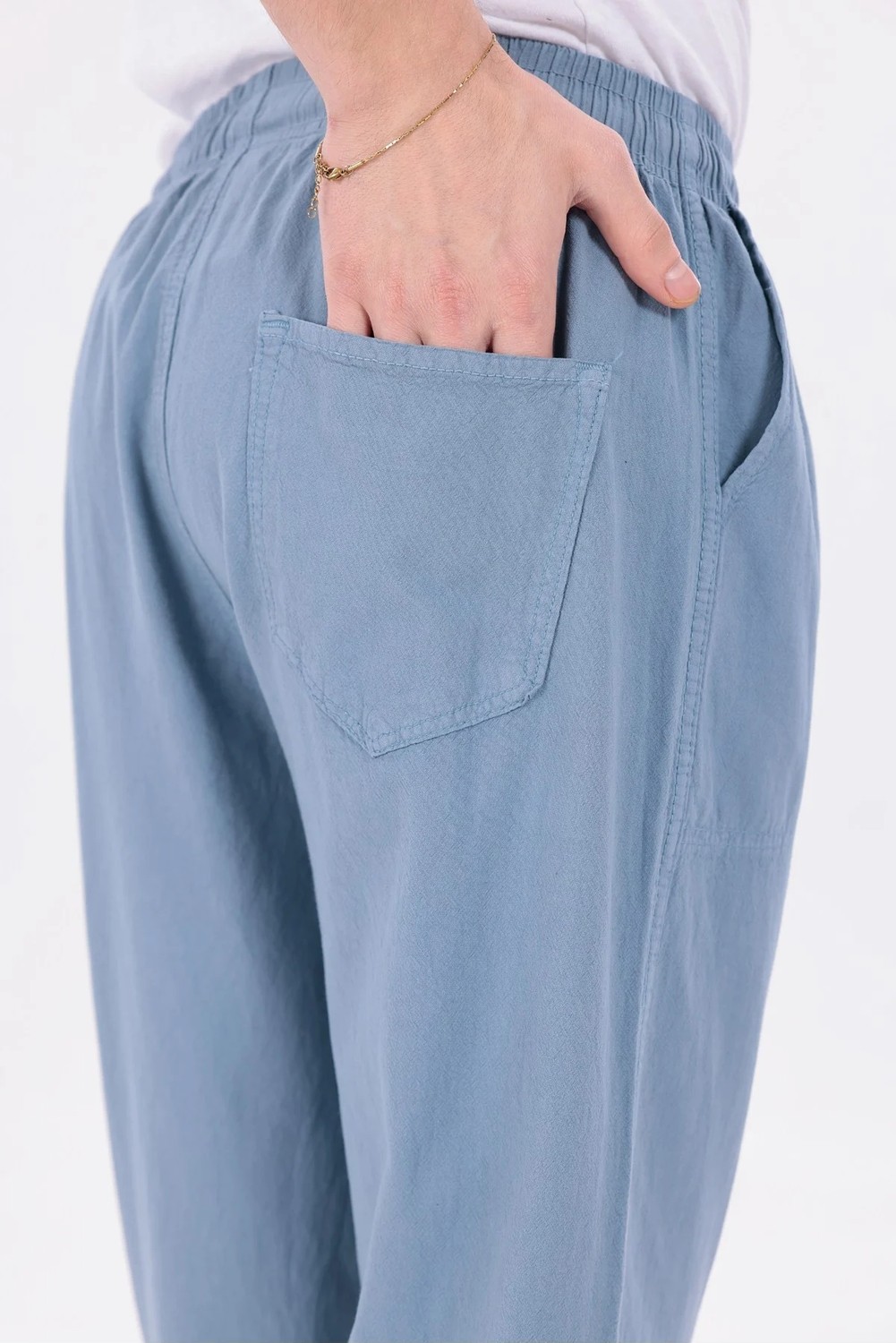 Blayn Jeans Erkek Buz Mavi Jogger Pantolon Beli Lastikli Bağcıklı %100 Pamuk Keten Baggy Rahat Günlük Pantolon görsel 4