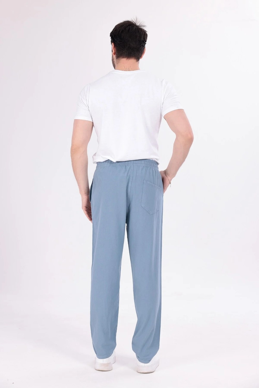 Blayn Jeans Erkek Buz Mavi Jogger Pantolon Beli Lastikli Bağcıklı %100 Pamuk Keten Baggy Rahat Günlük Pantolon görsel 5