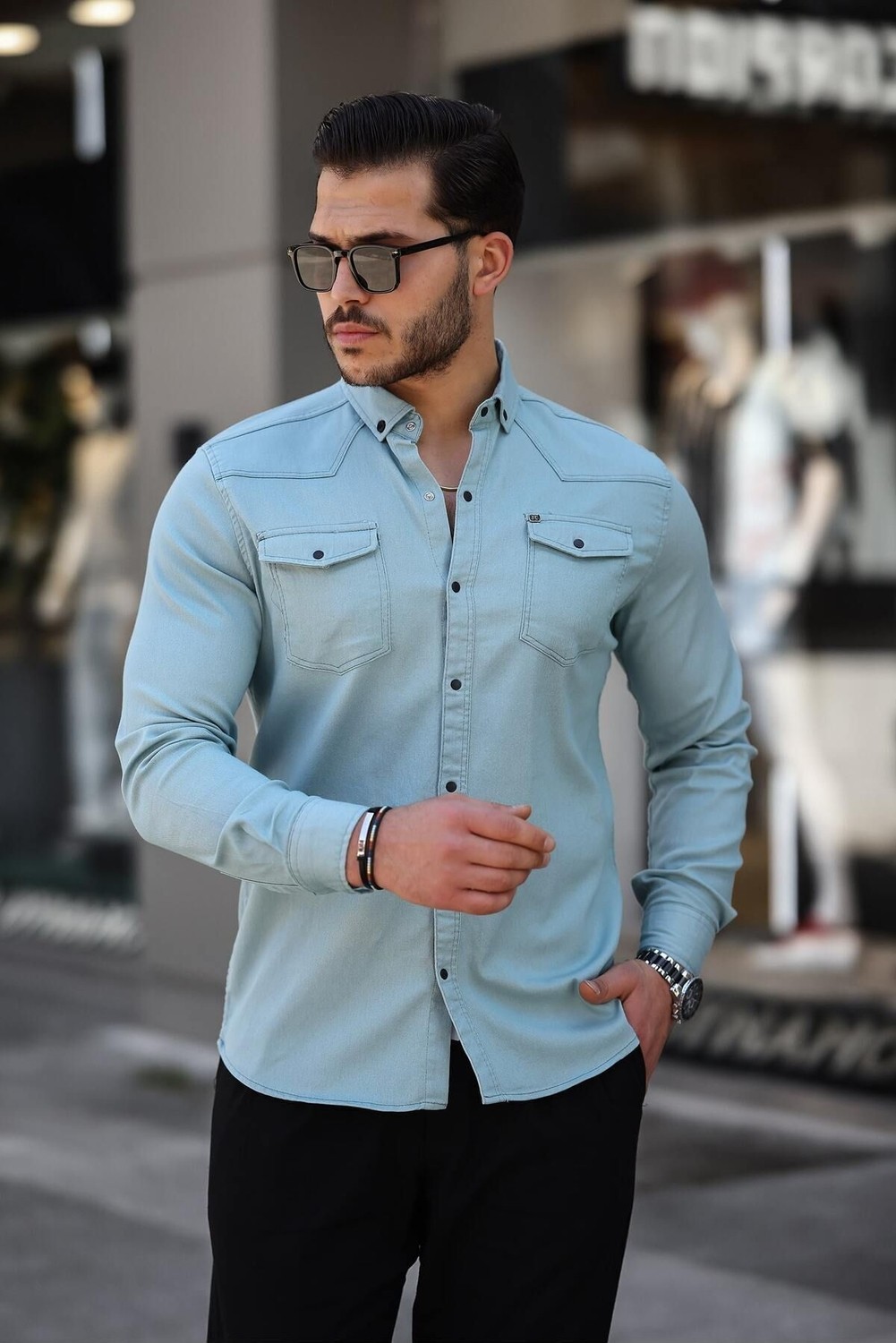 Comstar Slim Fit Çıtçıtlı Çift Cep Kot Gömlek görsel 8