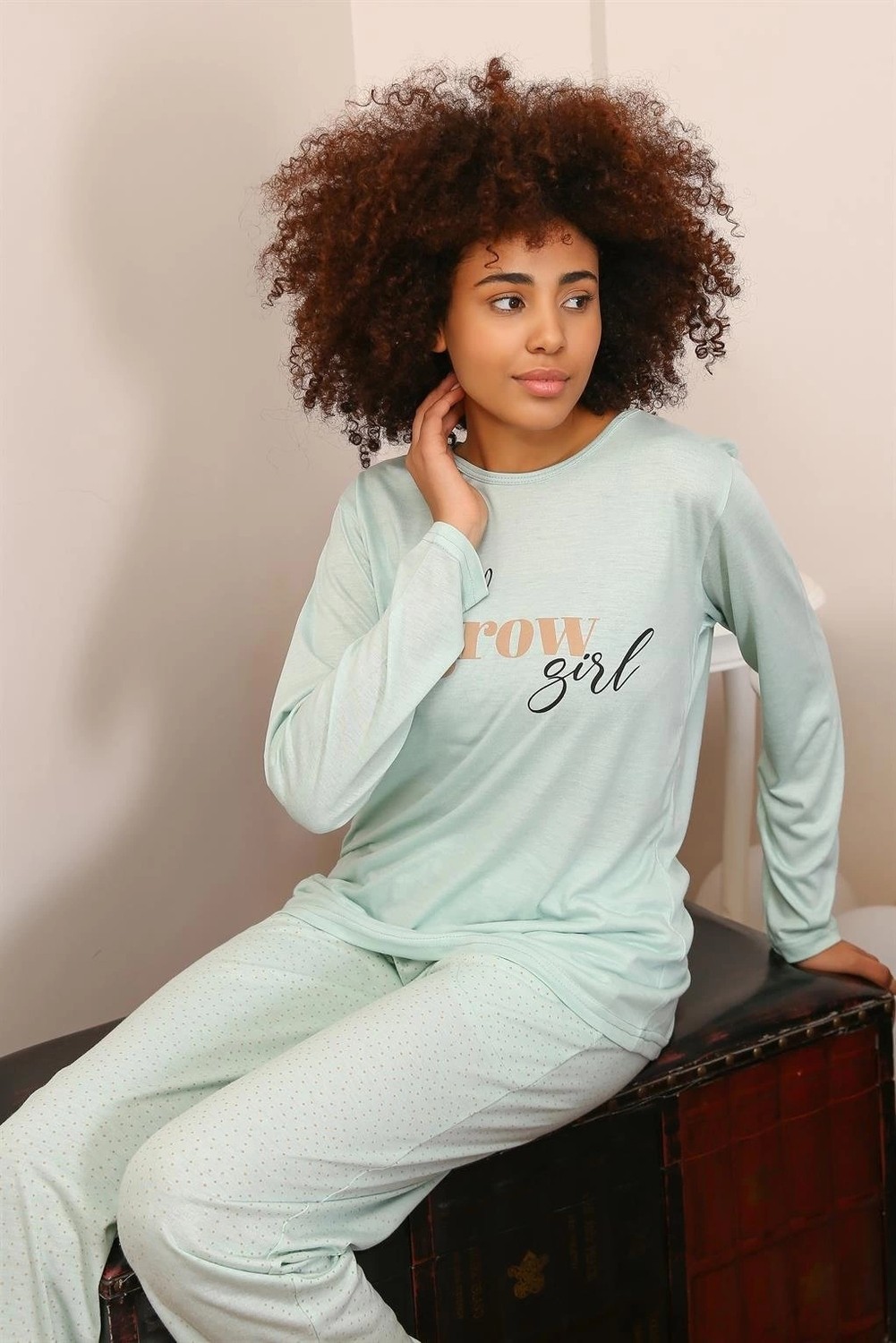 mery Moda Kadın Penye Uzun Kol Pijama Takım Su Yeşili Beruflic görsel 2