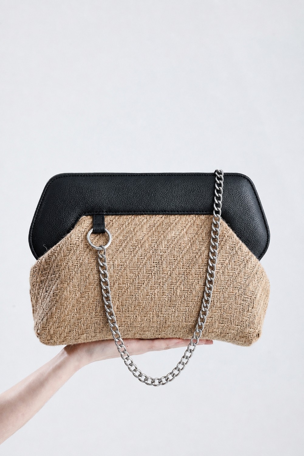 Heybes Kadın Kahverengi Çerçeveli Balık Sırtı Jüt Clutch El Çantası