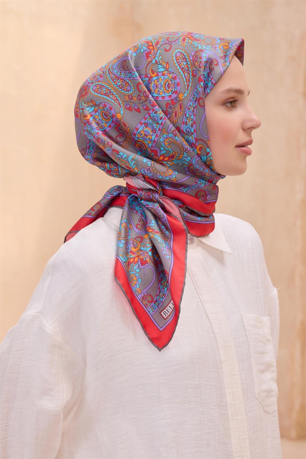 Belli Gri Etnik Desen %100 Twill Ipek Eşarp 4101 - 60 görsel 2