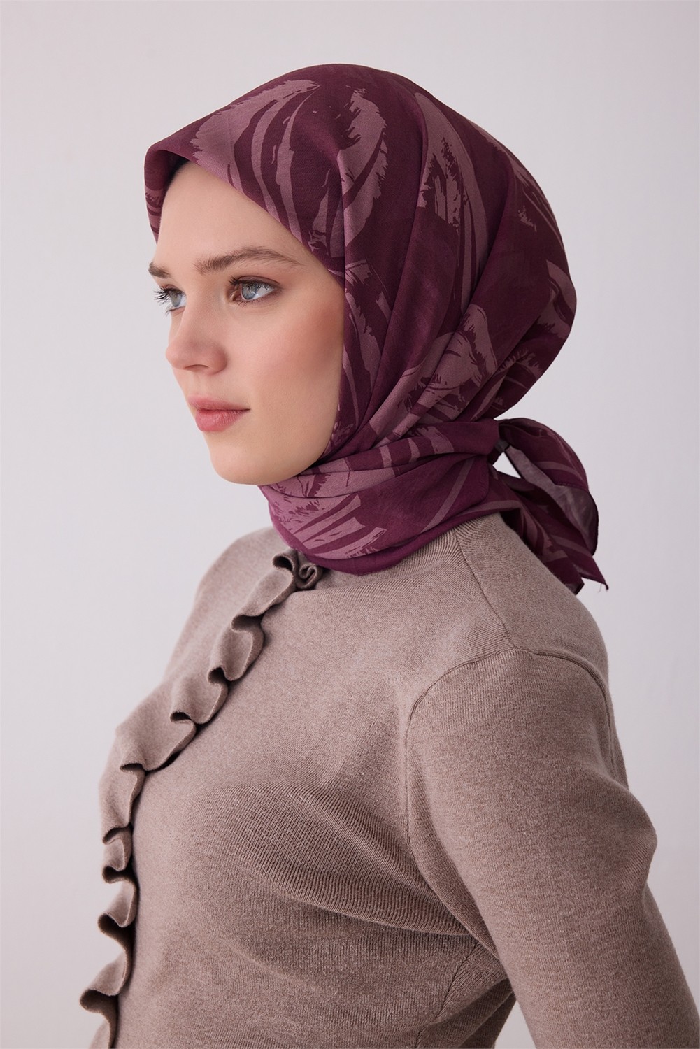 Belli Fresh Yaprak Desen Mürdüm Gül Kurusu Paulista Eşarp 14 - 36 görsel 4