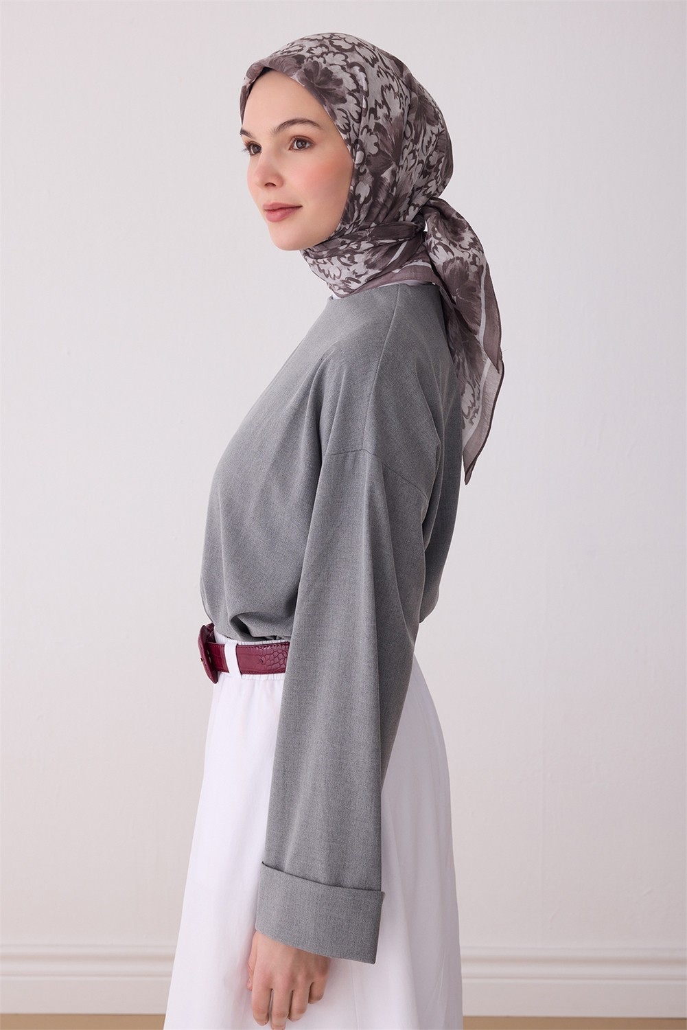 Belli Fresh Çiçek Desen Vizon Gri Rozy Eşarp 3335 - 04