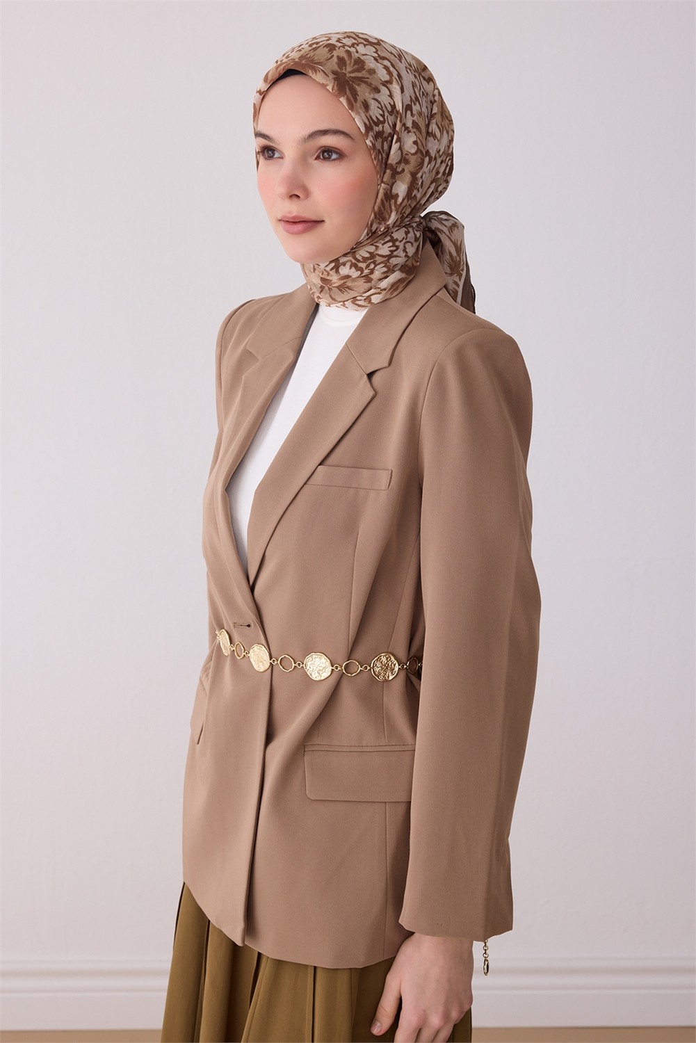 Belli Fresh Çiçek Desen Bej Kahve Rozy Eşarp 3335 - 19