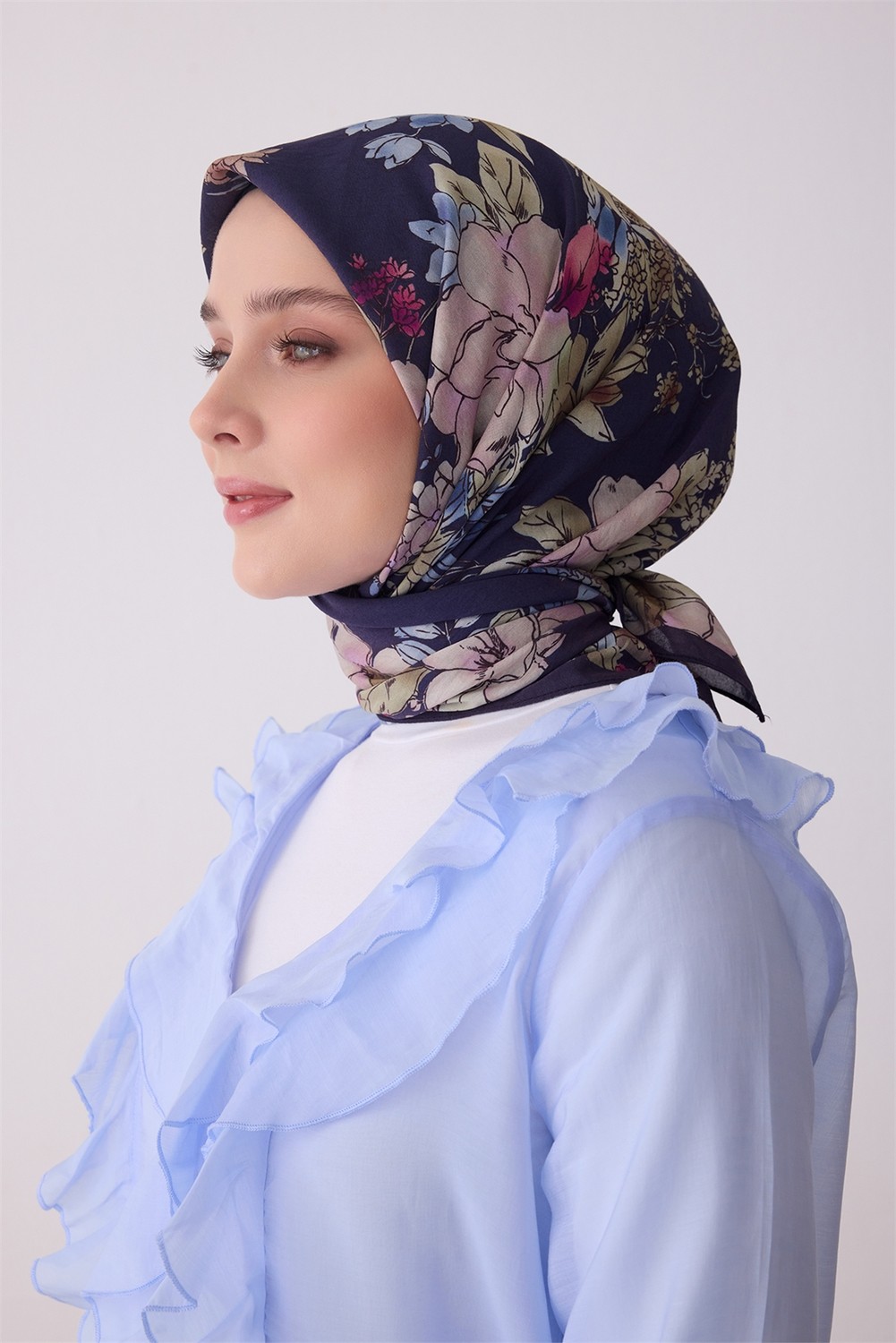 Belli Fresh Yaprak Desen Lacivert Paulista Eşarp 3487 - 25 görsel 2