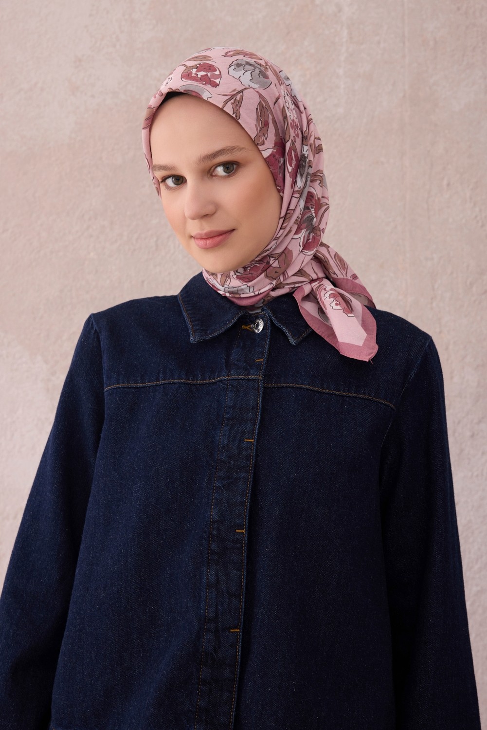 Belli Fresh Çiçek Desen Pudra Bordo Gri Paulista Eşarp 13 - 07 görsel 2