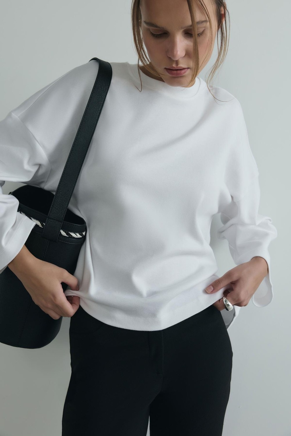 Suud Collection Ekru Katie Uzun Kollu Tişört Kadın Oversize Yumuşak Dokulu 34 Beden İç Göstermeyen