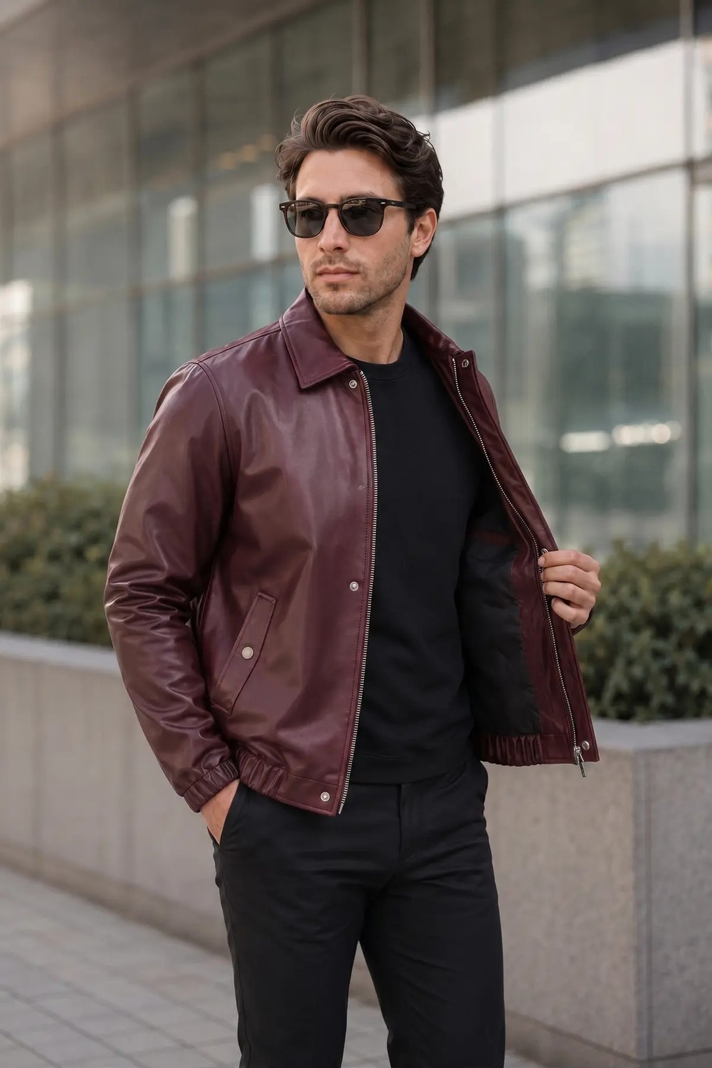 Mero Life Erkek Bordo Basic Rahat Kesim Bel Lastikli Deri Ceket