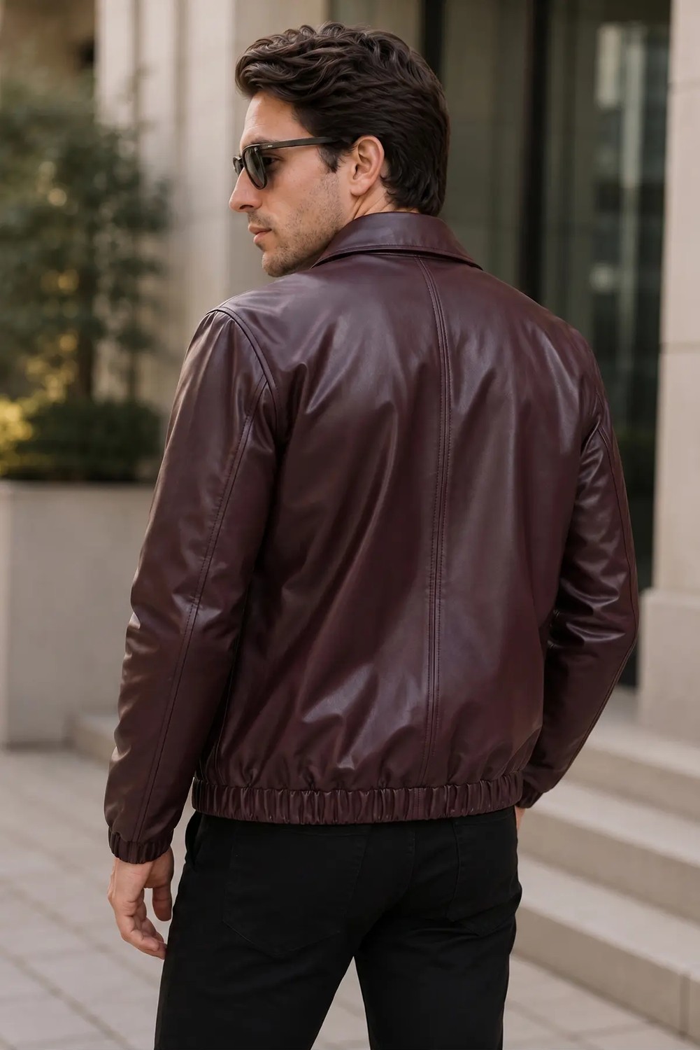 Mero Life Erkek Bordo Basic Rahat Kesim Bel Lastikli Deri Ceket görsel 4