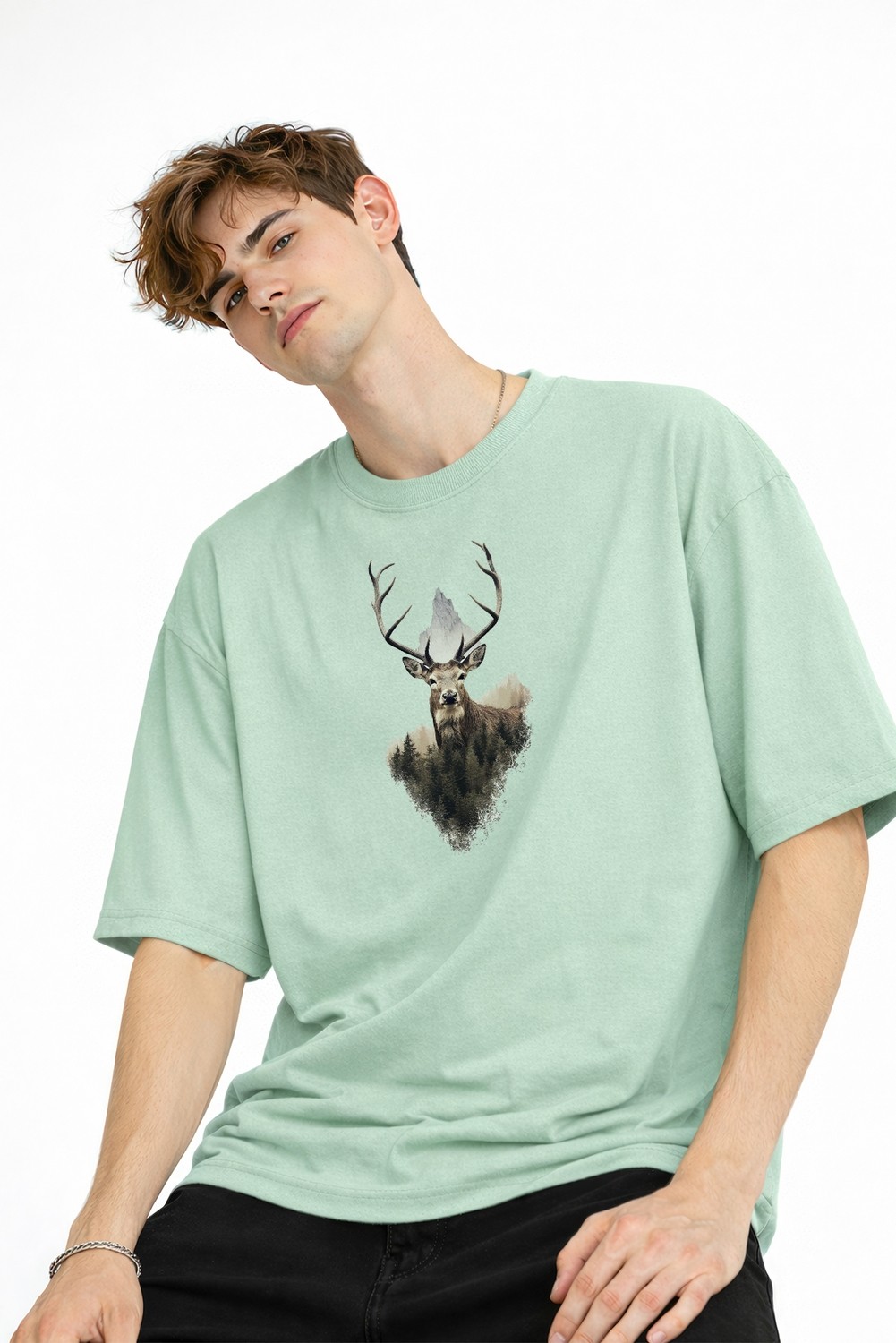 TeknoKapsül Deer - Oversize Erkek Tişört Su Yesılı