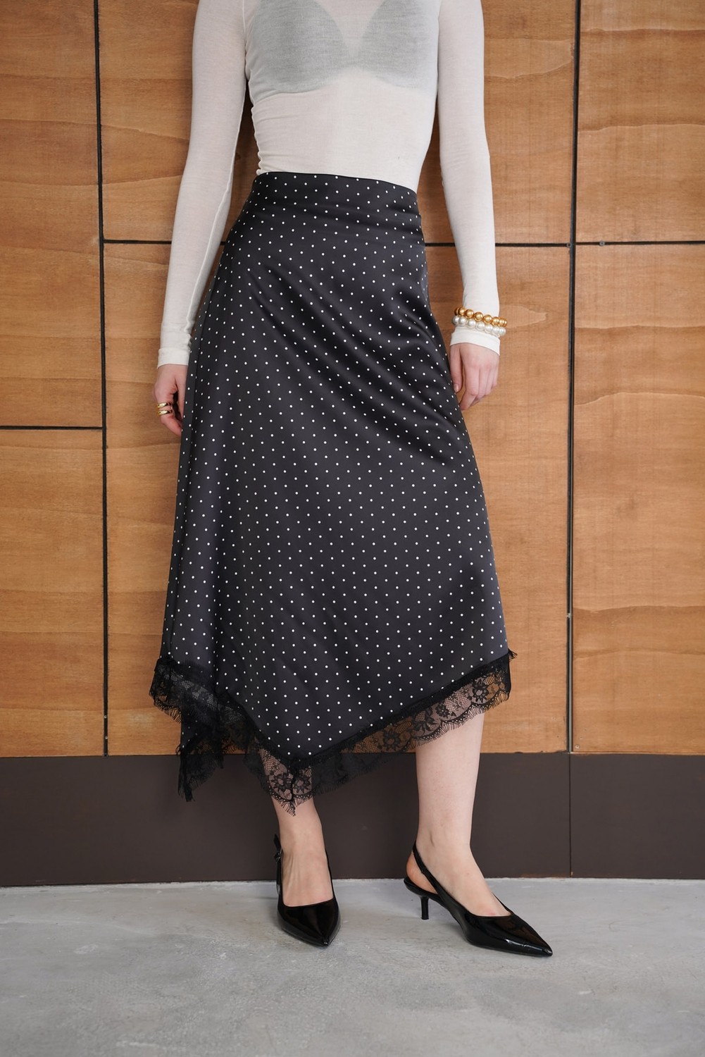 Very Moda Dantel Detaylı Puantiyeli Saten Etek | F2077 görsel 5