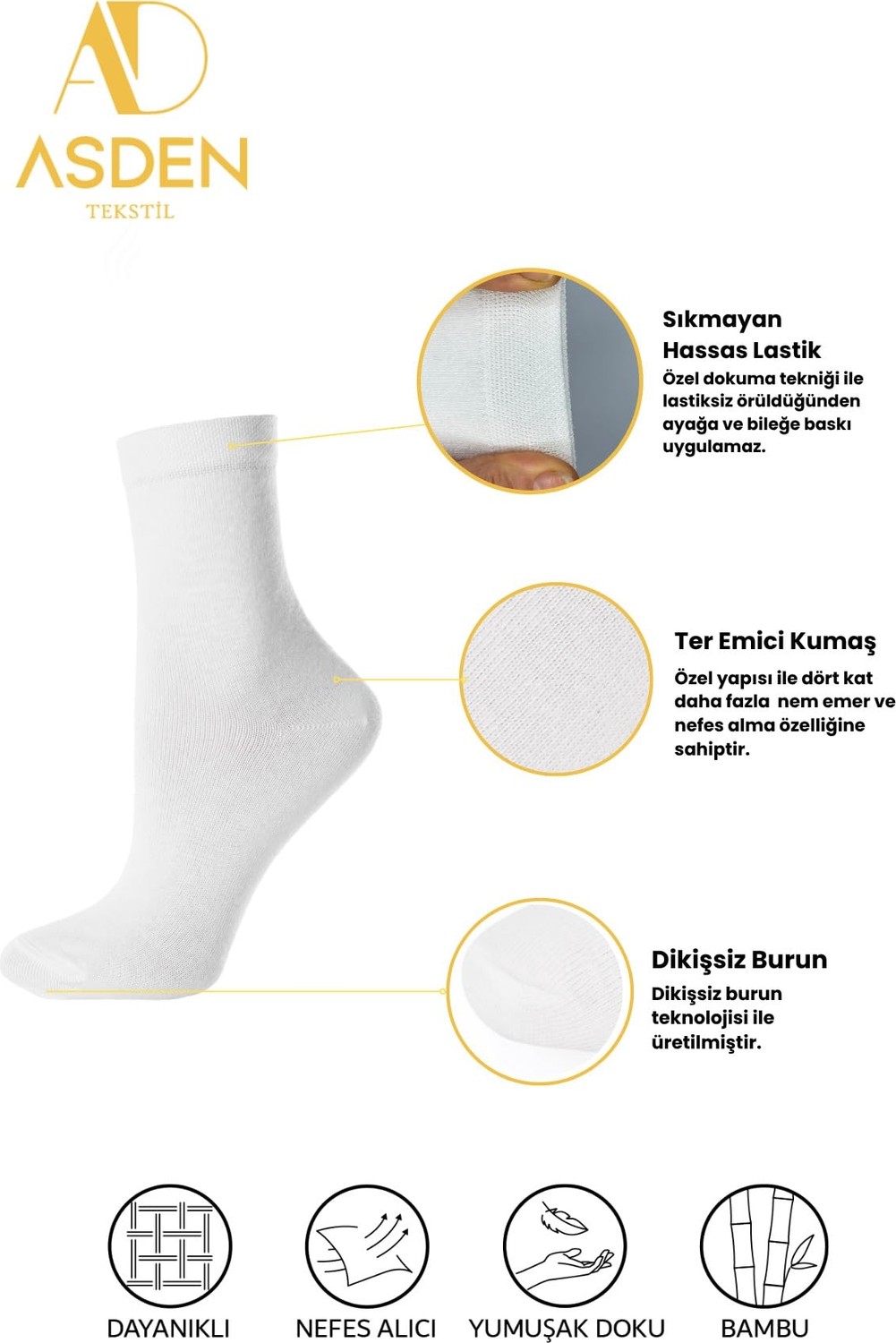 Die Grup Bambu Kadın Soket Çorap Beyaz Premium 6'lı Özel Kutulu, Burun Dikişsiz, Soft Yıkamalı görsel 4