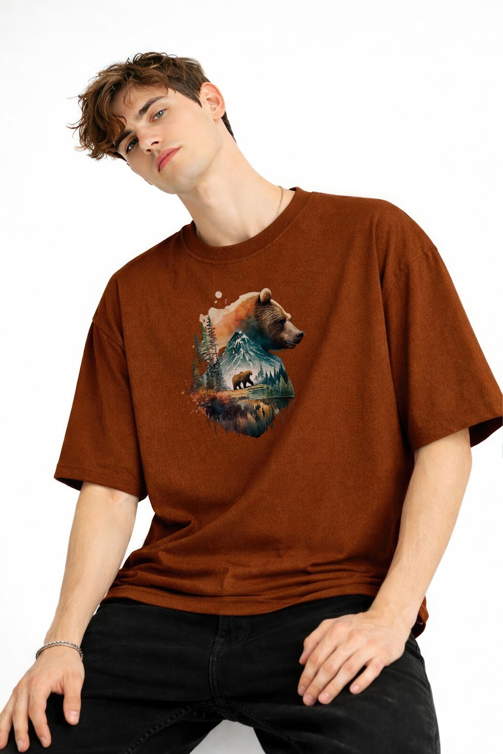 TeknoKapsül Bear2 - Oversize Tişört Kahve görsel 2