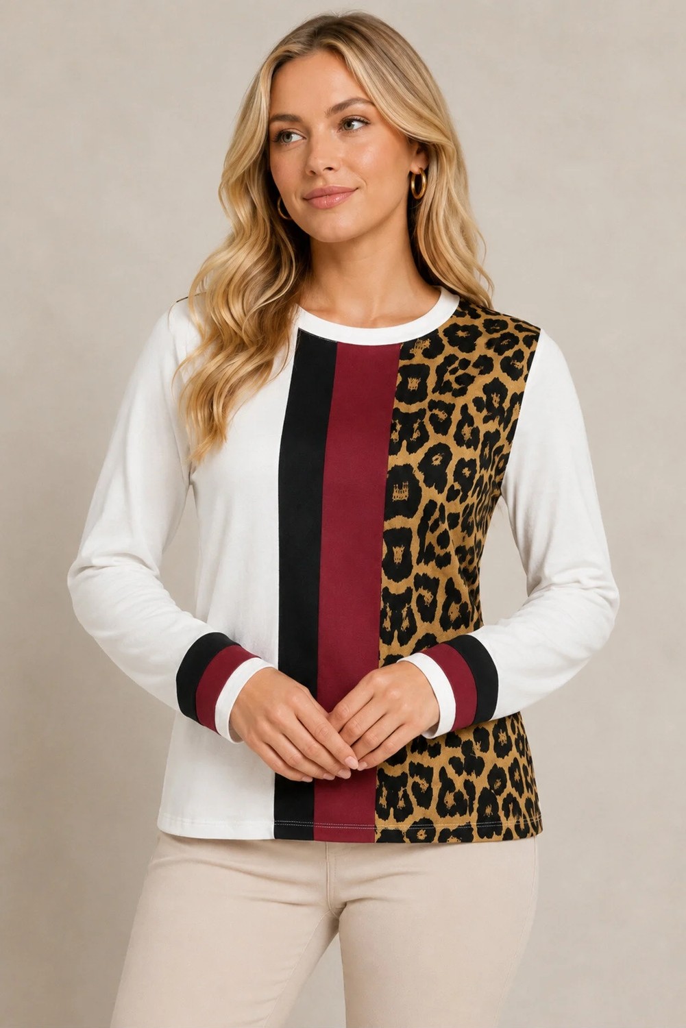 AQE FASHION Kadın Yuvarlak Yaka Uzun Kollu Leopar Desenli Blok Tasarımlı Şık Günlük Beyaz Kazak görsel 2